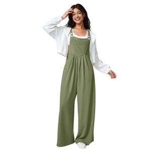 Halara Waffle Knit Overalls Small Loden Green Wide Leg Pocket Jumpsuit
